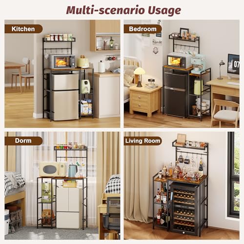 Image of Over Mini Fridge Storage Shelf Fridge Stand for Dorm with 5 Lockable Hooks | Kitchen Bakers Rack, Coffee Bar, Microwave Oven Stand, Wine Cabinet, Refrigerator Stand for Apartment, Living Room, Office