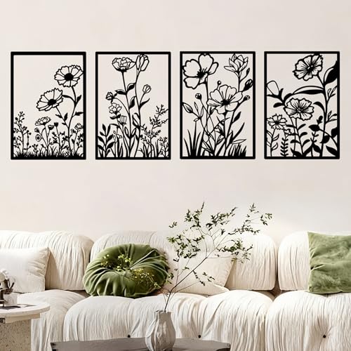 Image of 4 Pieces Black Metal Flowers Wall Decor,Abstract Wall Art Hanging Sculpture