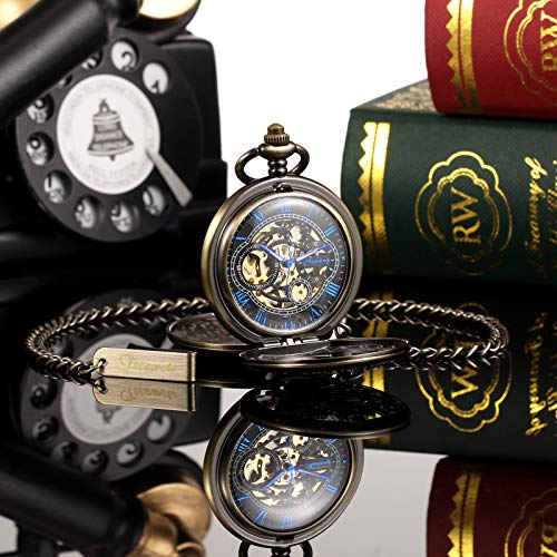 Image of TREEWETO Men's Retro Double Open Skeleton Mechanical Roman Numerals Shield Pocket Watch with Chain for Men Women