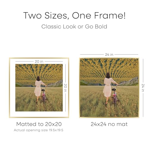 Image of Homeforia 24x24 Gold Square Frame, High End Metal 24 x 24 Large Gold Poster Frames with Mat 20 by 20 for Photo, 24by24 Thin Picture Frame Matted to 20x20 inch Print, Tempered Glass, Wall Kit, Set of 3