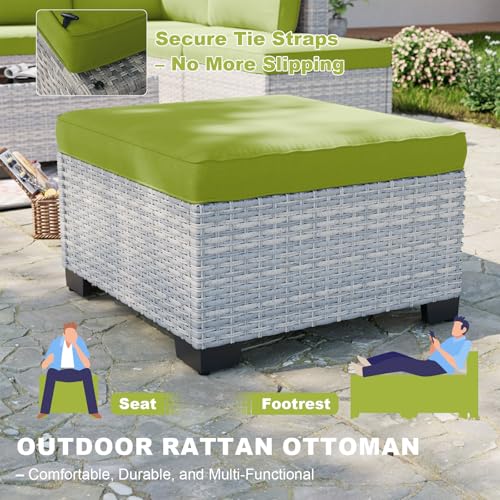 Image of Outdoor PE Wicker Rattan Modular Patio Sectional Sofa Set | 9-Piece: 6 Modular Seats, Coffee Table & 2 Ottomans, Grass Green