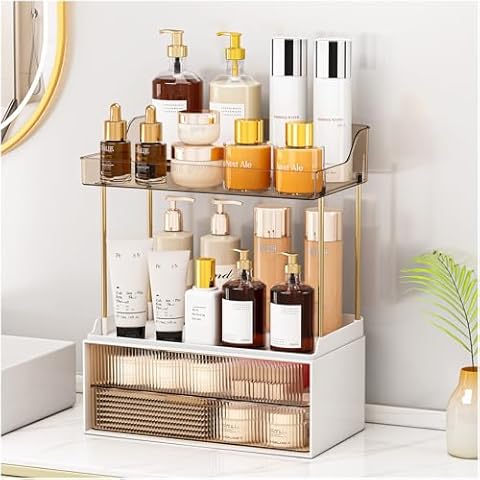 Versatile 4-Tier 2-Drawer Bathrooom Organizer, Makeup Organizer, Perfume Organizer, Bathroom Counter Organizer, Vanity Organizer, Skincare Organizers, Bathroom Organizers and Storage, Amber Cover