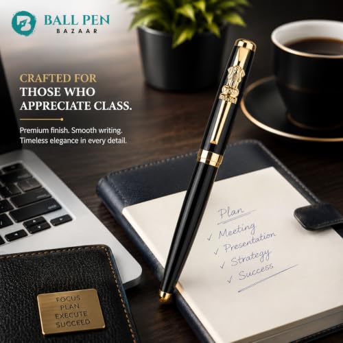 Image of Pen Paradise Metallic Glossy Black Ball Pen with Gold Ashoka Emblem Clip | Openable Cap Metal Executive | Black Ink Smooth Writing | Premium Office Signature Gift Pen | Pack of 1