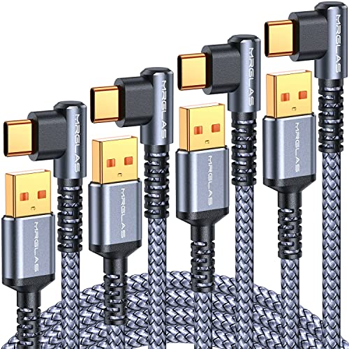 Image of MRGLAS 3.2A USB C Charger Cable,[4-Pack, 6.6+6.6+6.6+6.6FT] USB A to USB C Right Angle Gold-Plated Type C Charger Fast Charging Durable Braided Cord for iPhone 16 15 Samsung S10 S9 Note 10 S21 LG-Grey