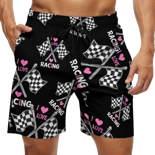 I Love Racing Rally Flags Mens Swim Trunks Quick Dry Board Shorts Beach Swimwear Bathing Suits