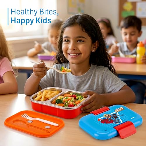 Image of Nayasa Marco Super Girl Print 2 Compartment Stainless Steel Insulated Lunch Box for Kids | Vacuum Sealed Leak Proof Tiffin Box | 650 ml | Red & Blue