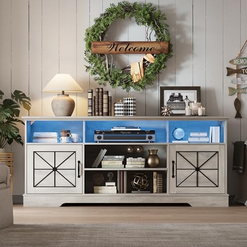 Image of Xixini Farmhouse TV Stand for 65 /60 /55 Inch Tvs, Rustic Entertainment Center with LED Lights and Power Outlets, Modern Media Console Table, Wood Television Furniture for Living Room, Bedroom, Grey