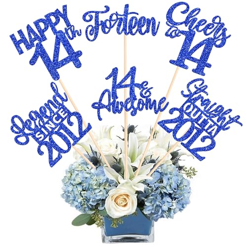 12PCS Happy 14th Birthday Centerpiece Sticks Fourteen Straight Outta 2012 Table Flower Centerpieces Sticks Lengend Since 2012 Decorations for Cheers to 14th Birthday Party Centerpieces Supplies Blue