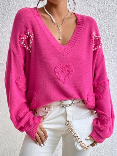 Verdusa Women's Pearls Heart Sweater V Neck Drop Shoulder Long Sleeve Knit Sweaters Tops3