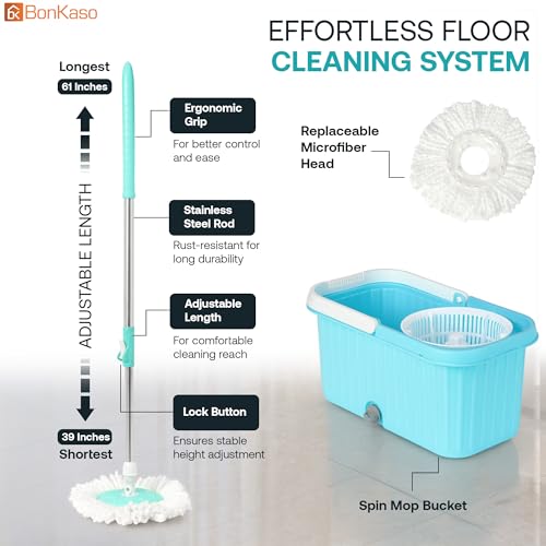 Image of BonKaso 360 Spin Square Mop Bucket Set for Floor Cleaning (Tiles, Marble & Wooden Floors) | Plastic Mop Bucket with Extendable Stainless Steel Handle & Removable Wringer | Microfiber Floor Cleaner