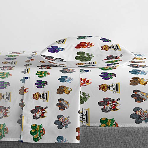 Image of Monster Jam Truckin Pals 5 Piece Twin Bed Set - Includes Comforter & Sheet Set - Bedding Features Grave Digger & Megalodon - Super Soft Fade Resistant Microfiber (Official Monster Jam Product) | Truckin Pals, Comforter Sheets Sham Pillowcase, Official Product, Soft Microfiber, Machine Washable, Easy Care, Boys Gift