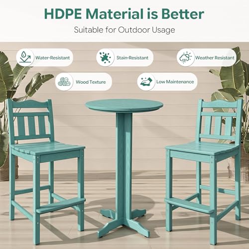 Image of Outdoor Bar Stools Set of 2, HDPE Tall Adirondack Bar Chairs 27.5 Inch Seat Height w /Backrest, All Weather Patio Bar Height Chairs for Bistro Balcony Deck Poolside (Aruba Blue)