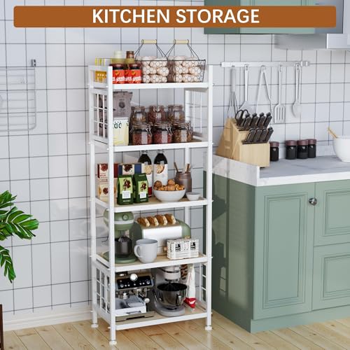 GIOTORENT 5-Tier Pantry Shelves with Wooden Boards, Heavy Duty Storage Shelves & Book Shelf, Adjustable Metal Shelving Unit for Kitchen Bathroom Laundry Organizer, Sturdy Rust-Resistant, White - Image 3