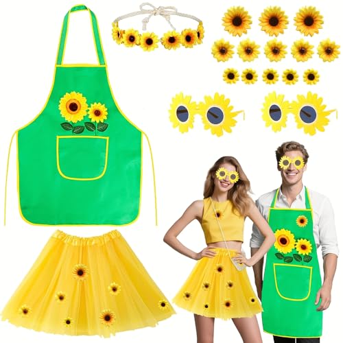 Yi'antai Costume de tournesol de carnaval, costume de jardinier pour femme et homme, tablier de jardinier vert avec jupe tutu jaune, lunettes de tournesol,...