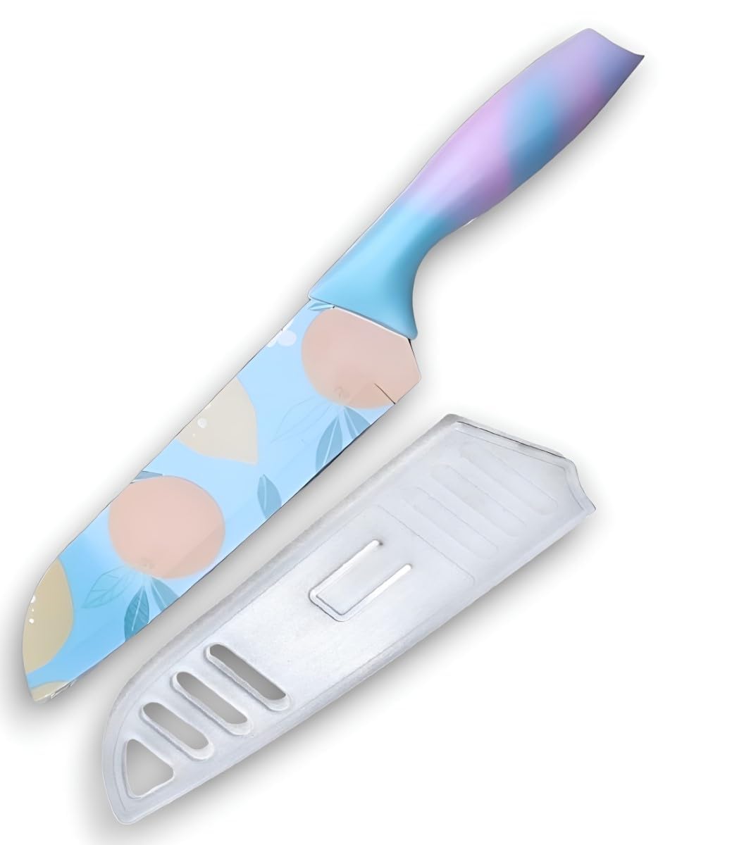 Knife Set, Stainless Steel Knife for Kitchen Use, Chef's Knife Set, Santoku Knife & Non-Slip Handle with Blade Cover (Sky Blue Printed)