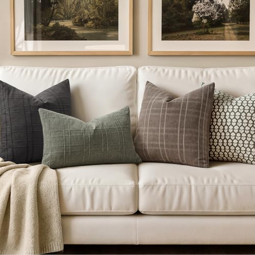 Image of MIULEE Decorative Linen Check Throw Pillow Covers Neutral Farmhouse Vintage Pillow Covers 20x20 Set of 2 Boho Modern Winter Home Decor for Sofa Couch Bedroom Cushion Brown
