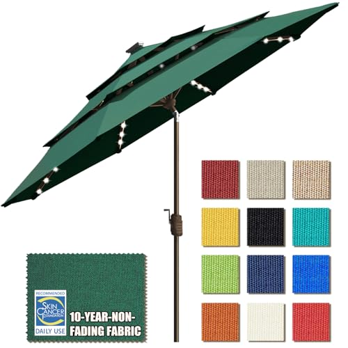 EliteShade USA 10-Year-Non-Fading 9ft 3-Tier Market Patio Umbrella, Commercial Table Umbrella with 80 Solar LED Lights, Crank Open, Windproof & UPF 50+ UV Protection for Garden, Deck, Pool, Backyard, Forest Green by EliteShade - Used condition - US$142.88