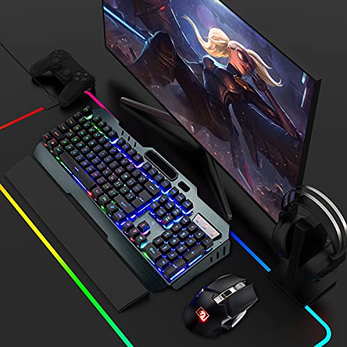 Wireless Keyboard And Mouse Combo,Rainbow Backlit Gaming Keyboard With Memory Foam Keyboard Wrist Rest,Rechargeable 3800 Mah Battery,Metal Panel,Mechanical Feel,Ergonomic,Gaming Mouse For Pc Gamers #TOP6