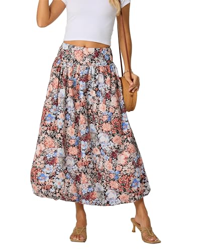 Women's Bubble Long Skirt Elastic Waist A-Line Pleated Ruffle Flowy Balloon Maxi Skirts with Pockets