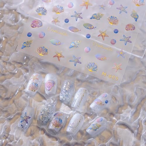 Image of Ocean Nail Stickers Conch Shell Starfish Nail Art Decals with Gold Design 5D Embossed Self Adhesive Nail Stickers Manicure Accessories Supply for Women Girls Kid Nails Charms