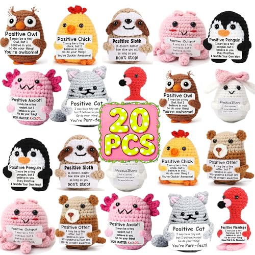 FANLANTEE 20 Pack Positive Crochet Animals Bulk Mini Emotional Support Gifts for Office Desk Team Motivation Employee Appreciation Special Moments for Women Men