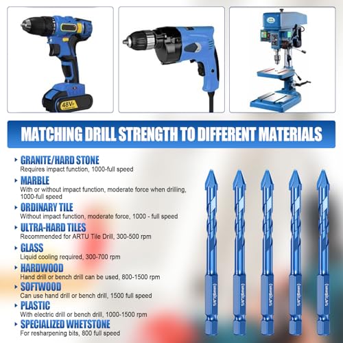 10 PCS Tile Drill Bits Set, Masonry Concrete Drill Bit 1/4 Hex Shank High Strength Tungsten Carbide Tip Tile Drill Bit Set for Porcelain Glass Brick Cement Wood (6mm,Blue) 3 10 PCS Tile Drill Bits Set, Masonry Concrete Drill Bit 1/4 Hex Shank High Strength Tungsten Carbide Tip Tile Drill Bit Set for Porcelain Glass Brick Cement Wood (6mm,Blue) - Image 3