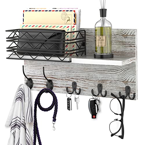 Axtee Key Holder For Wall, Mail Organizer Wall Mount Includes Mail Holder Coat Hooks And 2 Double Wall Hooks, Pine Rustic Home Decor For Keys, Coats, Dog Leashes, Mail- Gray -White #TOP27
