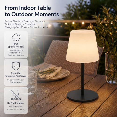 Image of IP65 Waterproof Shower Lamp, Cordless Rechargeable Table Lamp, Black | 4000mAh Battery Operated Lamp, Spa-Like Glow for Showers, Vanity, Bedside and Patios; 3 Color Temperatures, Touch Dimming