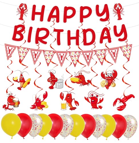 FodeMoraka Crawfish Boil Party Supplies - 24 Pcs Red and Yellow Seafood Shrimp Themed Birthday Decorations for Women Men Boys Girls Lobster Banner Garland Hanging Swirls Balloon Set Wall Ceiling Decor