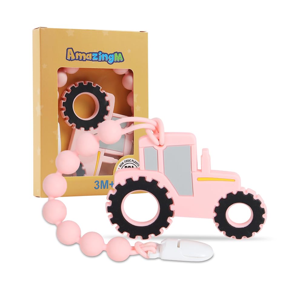 Baby Food Grade Silicone Tractor Truck Teether Toy with One Piece Design Pacifier Clip Holder,Teething Pain Relief Toys Gift Set for 3 Months+ Boys and Girls,Freezer Safe,BPA Free. (Pink)