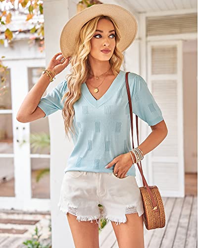 Image of Arach&Cloz Women's Lightweight Spring Summer Sweater Tops Casual Short Sleeve Blouses Shirts