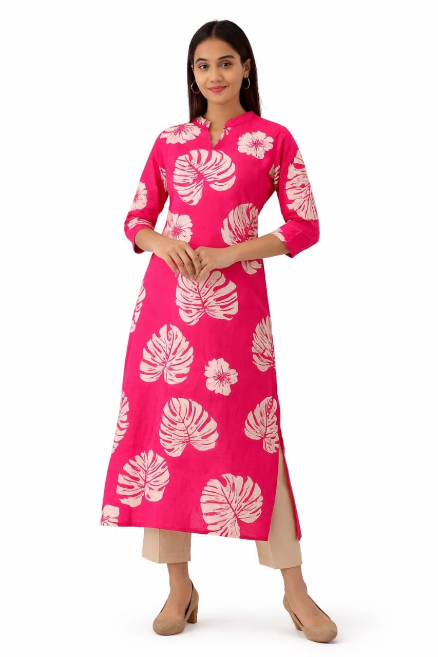 nyrah luxe Women's Kurti, Pink Floral Leaf Print, Cotton, Straight Fit, 3/4 Sleeves, Mandarin Collar-picture-54