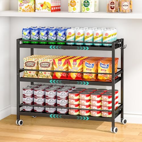 3-Tier Expandable Rolling Pantry Organizers and Storage Cart with Wheels Adjustable Pantry Floor Organizer Snack Cart for Pantry Kitchen Storage Cart with 4 Hooks for Snack Food Vegetables