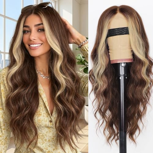 Image of AISI HAIR Brown Mixed Blonde wig Wig for Women, Long Wavy Lace Hairline Middle Part Synthetic Heat Resistant Wig for Daily Party-26 Inch