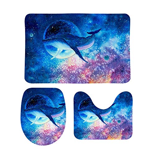 3-teiliges Badezimmer-Teppich-Set mit Aquarell-Wal-Sternenhimmel-Malerei,rutschfeste Konturmatte + Toilettendeckelbezug + Badematte