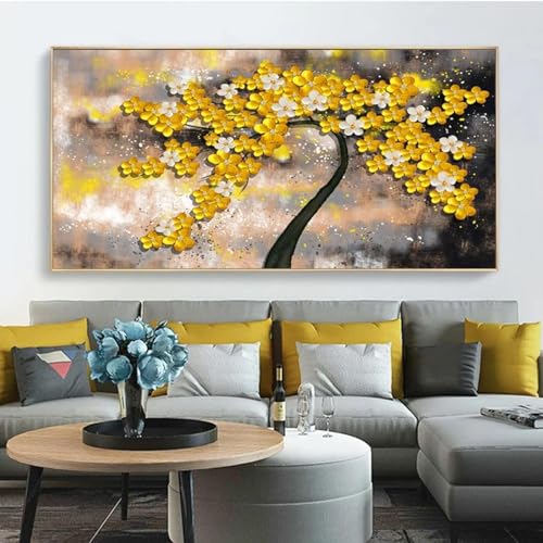 Toile peinture fleurs et arbre de vie abstrait HYFBH œuvre d'art géante pour maison chic