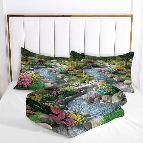 Parure de couette printemps paysage vert 200x200cm avec 2 taies d'oreiller en microfibre - 6
