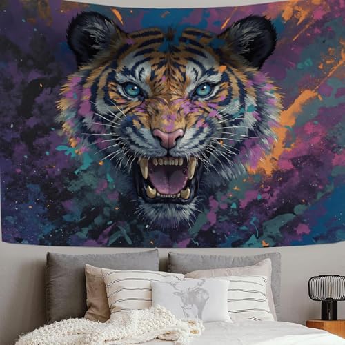 Grande Tapisserie Tigre En Colère Jaune Violet Toile Fond Photo