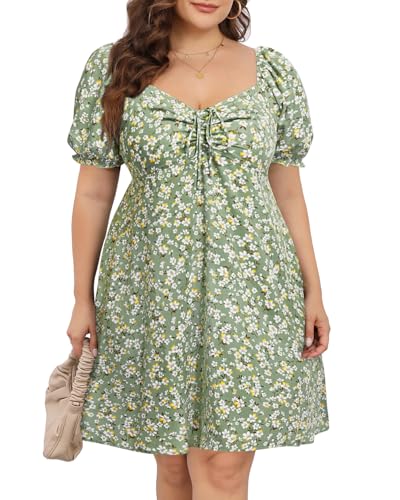 Image of Pinup Fashion Women Plus Size Casual Puff Sleeve Summer Sundress Smocked Short A Line Babydoll Cute Mini Dresses