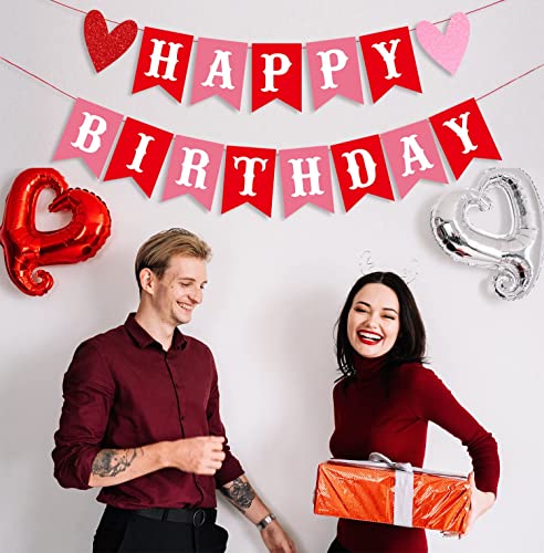 Image of FestikoHappy Birthday Banner for Valentine's Day Red Pink Valentine's Day Themed Birthday Banner with Glitter Heart Signs Valentines Birthday Paper Banner for Home Wall Party Decorations Supplies