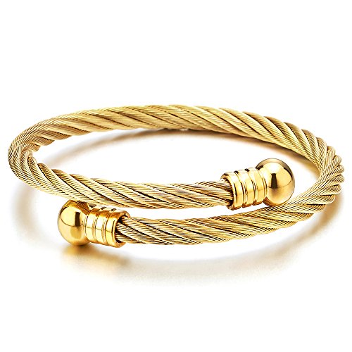 COOLSTEELANDBEYOND Gold Color Stainless Steel Twisted Cable Bracelet for Men Women, Elastic Adjustable Bypass Cuff Bangle with Polished Orbit Endcaps