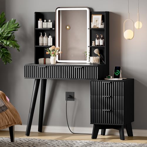 Image of Xixini Fluted Vanity Desk with LED Lights Mirror & Charging Station, Black