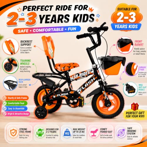Image of Flash Baby Cycle for Kids 2-3Years | 10 Inch Bike with Training Wheels, Storage Basket, Comfortable Seat & Carrier