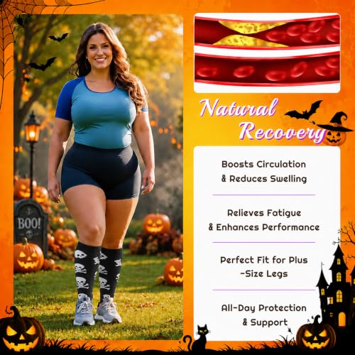 Image of Halloween Plus Size Compression Socks for Women & Men 4 Pairs, Wide Calf Extra Large 20-30 mmHg Knee High Support Socks for Travel, Running, Nurse