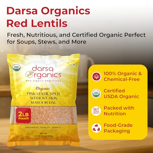 Image of Darsa Organics Split Red Lentils (Masoor Dal) 2 lb |USDA Organic, Non-GMO, Vegan, Kosher| Rich in Protein & Fiber | Great for Soups, Salads & Curries
