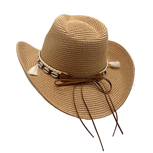 Image of Western Straw Cowboy Hat for Women Beach Sun Hat for Men Wide Brim Fedora Hat Cowgirl Hats Summer Panama Hat
