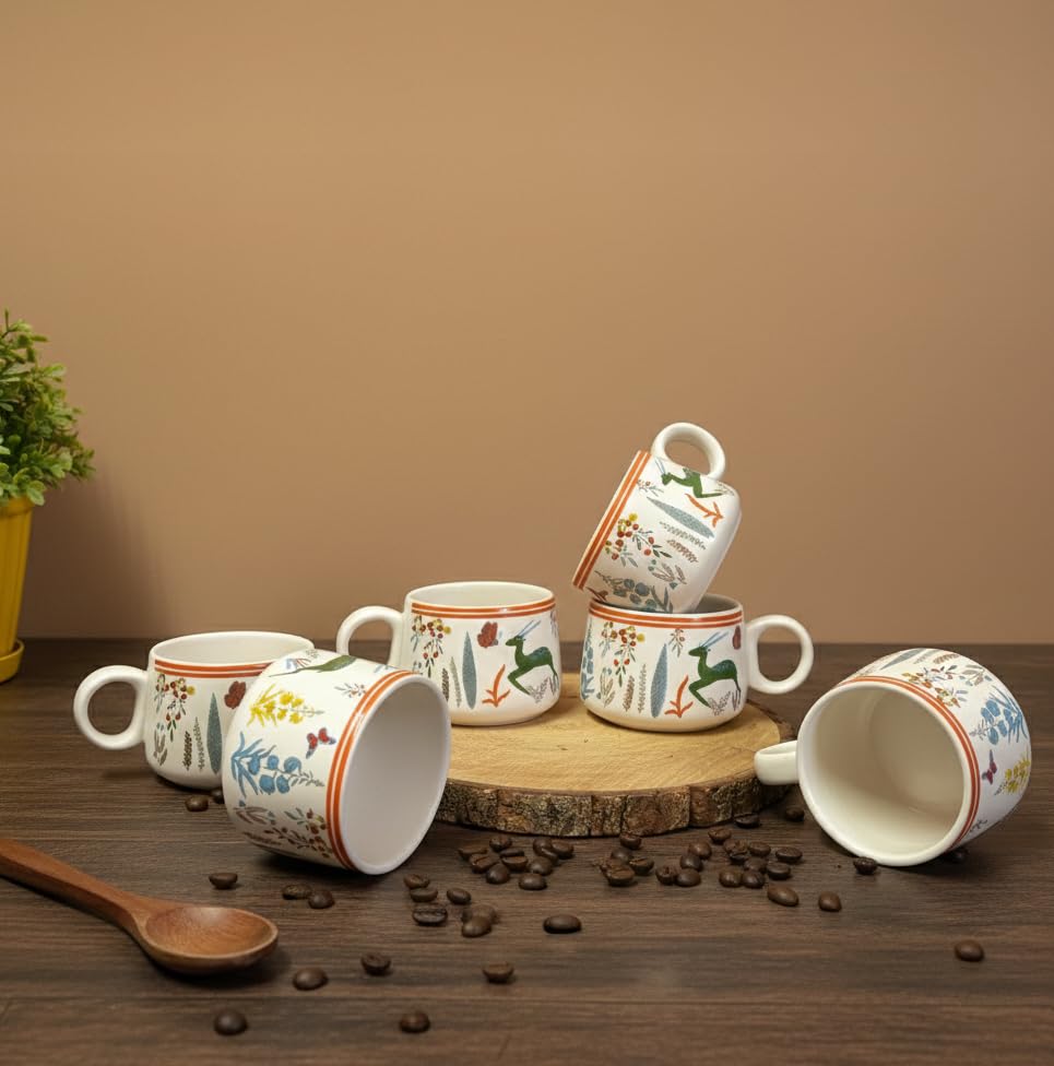 IZZYLYF 'Green Deer' Ceramic Tea Cups Set of 6 (150 ml Each) with Handle | Microwave & Dishwasher Safe | Elegant Cups for Tea Coffee Chai | Stylish Drinkware for Home Office Cafe Serving and Gifting 3