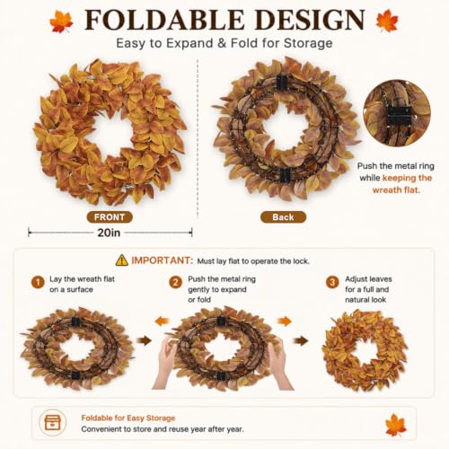20" Fall Wreath for Front Door, Artificial Autumn Wreath - image 2
