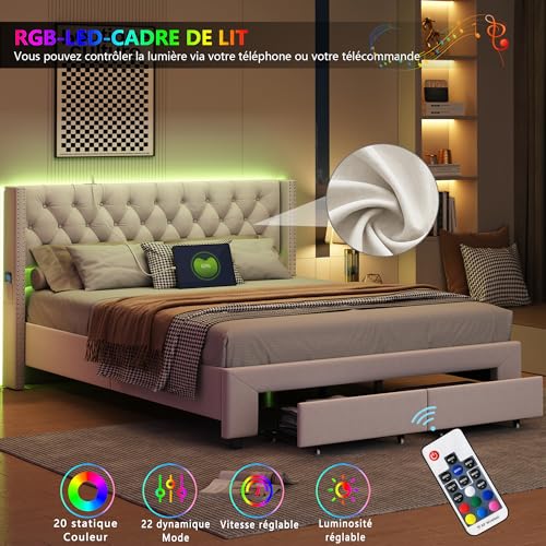 Fofetbfo Gepolstertes Doppelbett, 160 x 200 cm, mit 2 Schubladen, Bett 160 x 1200 cm mit Lattenrost, gepolstertes Kopfteil mit LED und USB, Funktionsbett mit Latten, für Erwachsene, Doppelbett, Beige – Bild 5