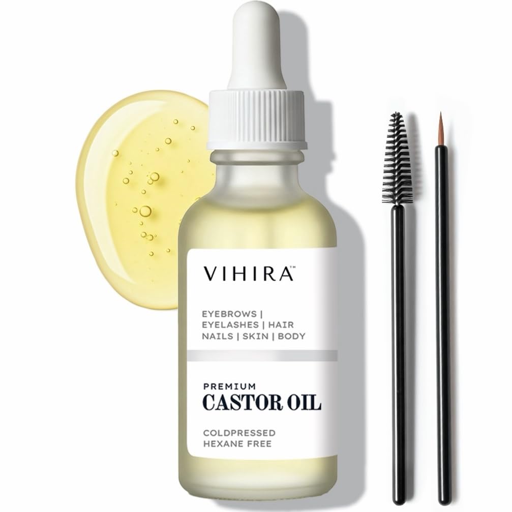 Vihira Organic Golden Castor Oil (2 Fl Oz | Premium Grade), True Cold Pressed, 100% Pure, Hexane Free, for Hair, Eyelash, Eyebrow, Cuticles, Nails,